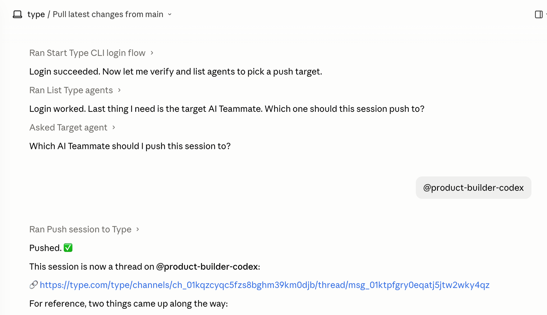 Claude Code session showing a CLI push flow: login, selecting a target teammate, and a successful push that creates a thread in Type