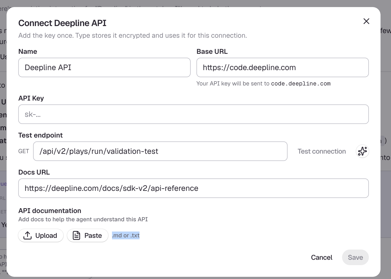 Custom API connection modal with base URL, API key, test endpoint, and documentation fields