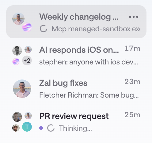 Sidebar showing recent threads including an active AI teammate conversation, a team bug fix thread, and a PR review