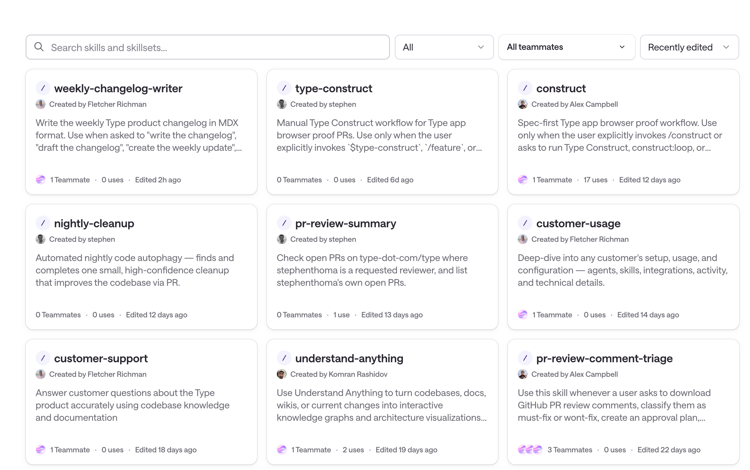 Skills Library showing a searchable grid of org-wide skills with teammate and usage metadata