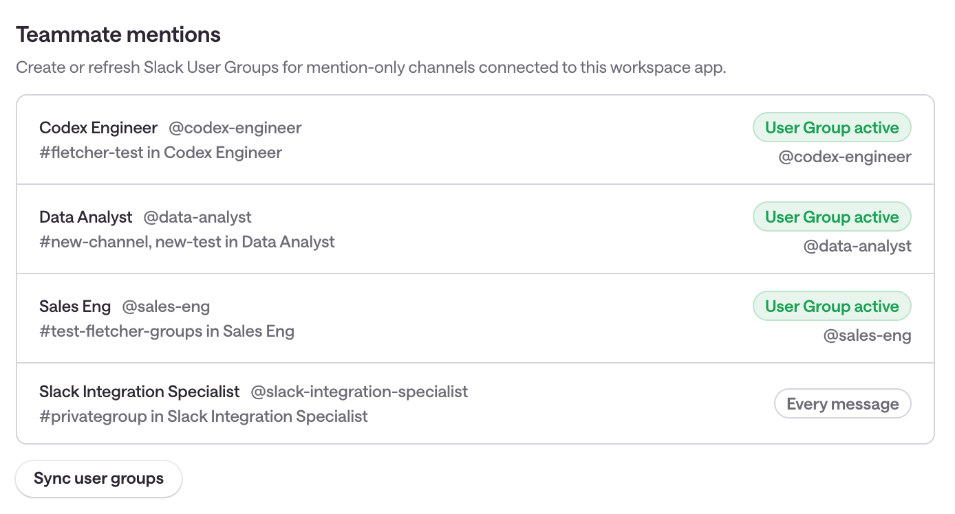 Slack integration settings showing Teammate mentions with active user groups and a Sync user groups button