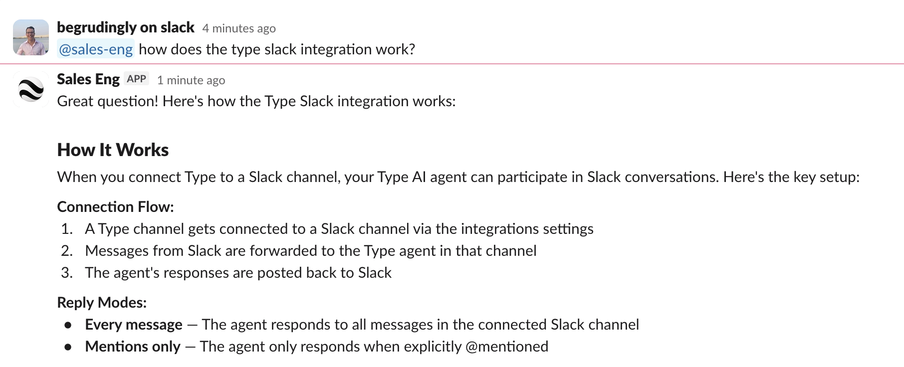 Slack conversation showing @sales-eng being mentioned and the Sales Eng AI teammate responding with a detailed answer