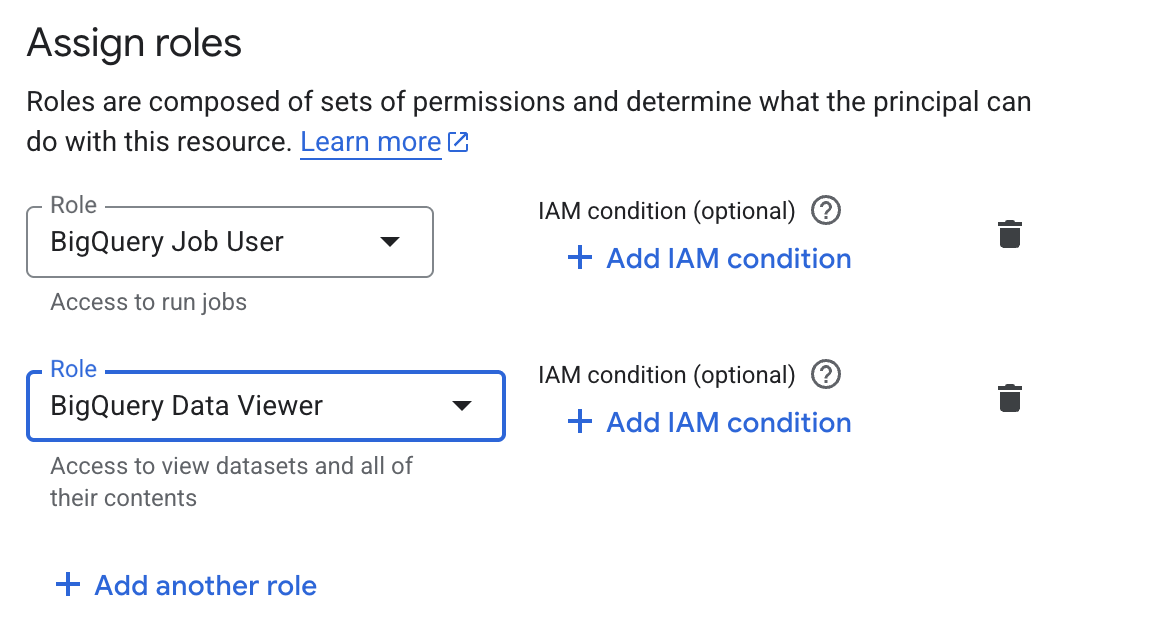 Google Cloud IAM role assignment showing BigQuery Job User and BigQuery Data Viewer selected