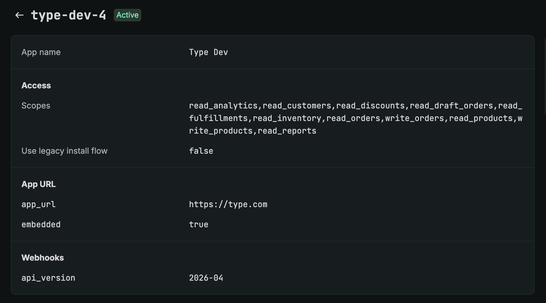 Shopify app details showing the recommended Admin API scopes and legacy install flow set to false